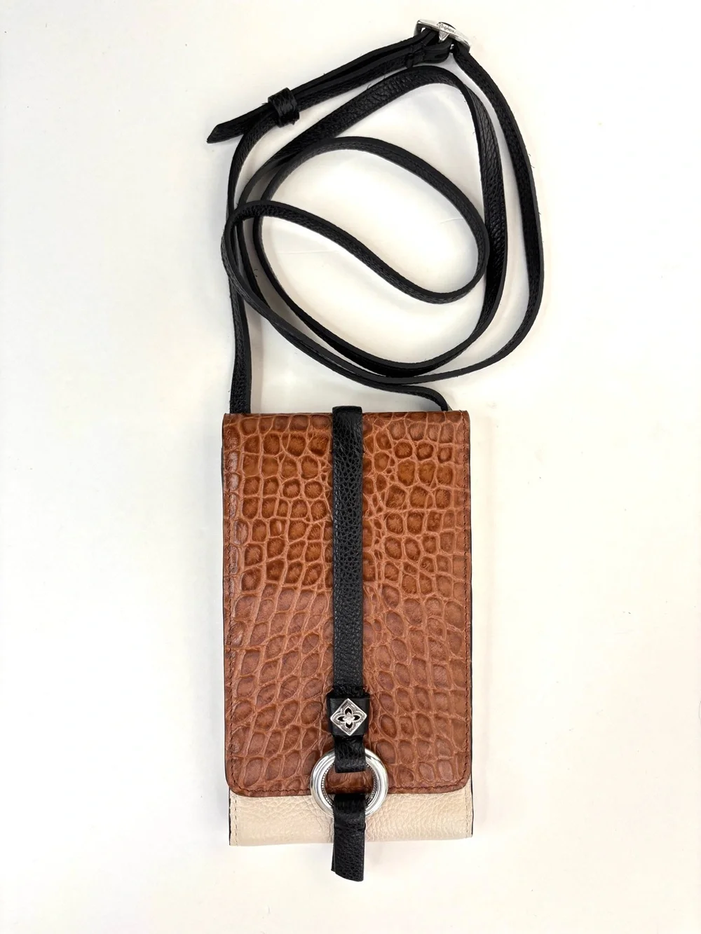 Brighton Toledo Brown Croc-Embossed & Cream Leather Crossbody Phone Wallet Bag